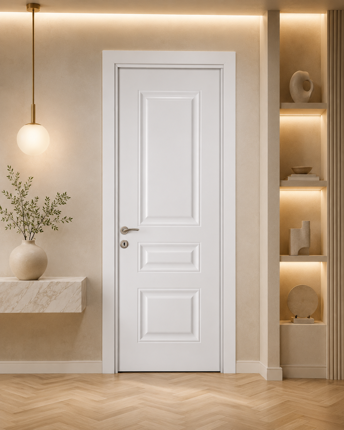 Kademeli üç panelli beyaz melamin kapı Melamin 113 Kastdoor modeli