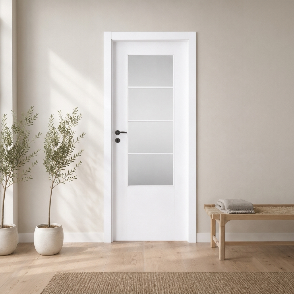 Dört bölmeli camlı beyaz PVC membran kapı PVC 217 Kastdoor modeli