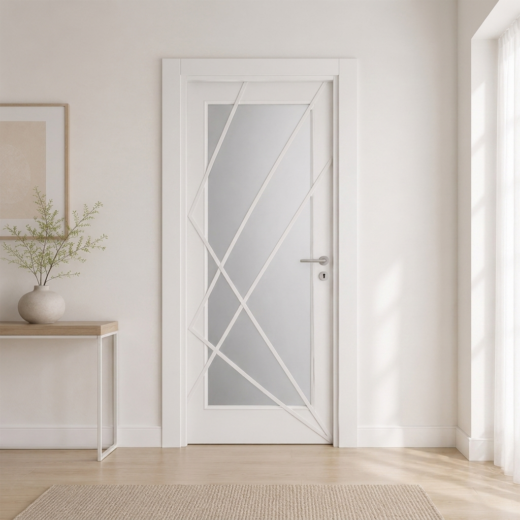 Çapraz çıtalı camlı beyaz lake kapı Lake 301 Kastdoor modeli