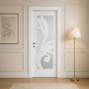 Lale motifli camlı beyaz lake kapı Lake 303 Kastdoor modeli