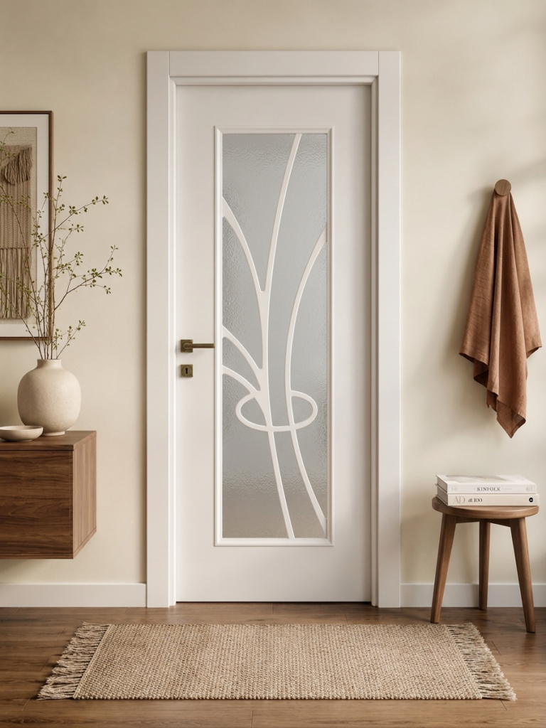Oval motifli kavis çıtalı camlı beyaz lake kapı Lake 305 Kastdoor modeli