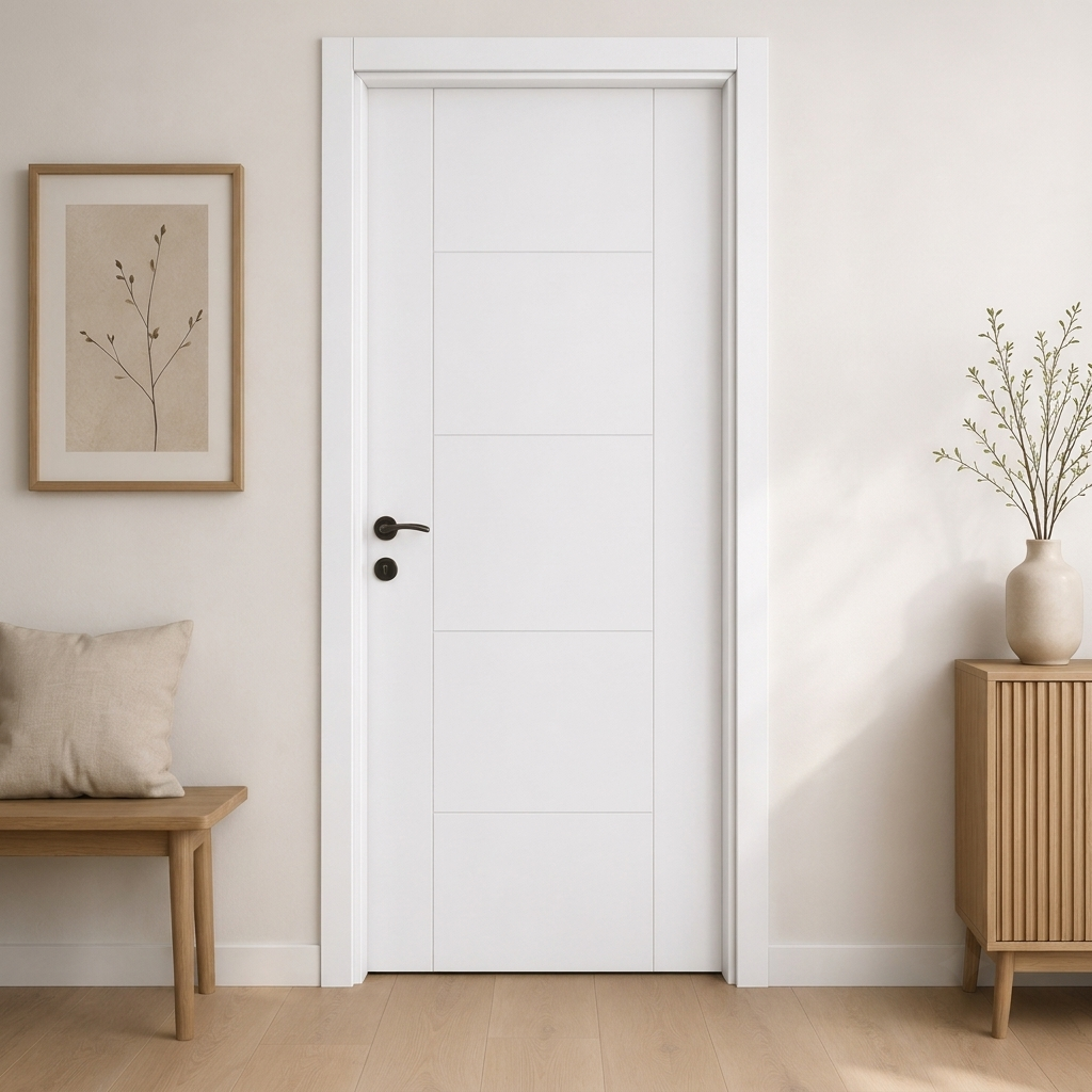 Dikey çerçeveli dört yatay fugalı beyaz lake kapı Lake 306 Kastdoor modeli