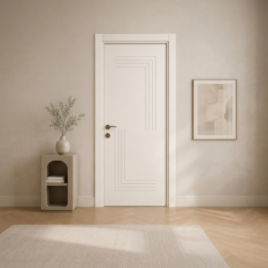 Karşılıklı köşe fugalı kırık beyaz lake kapı Lake 322 Kastdoor modeli