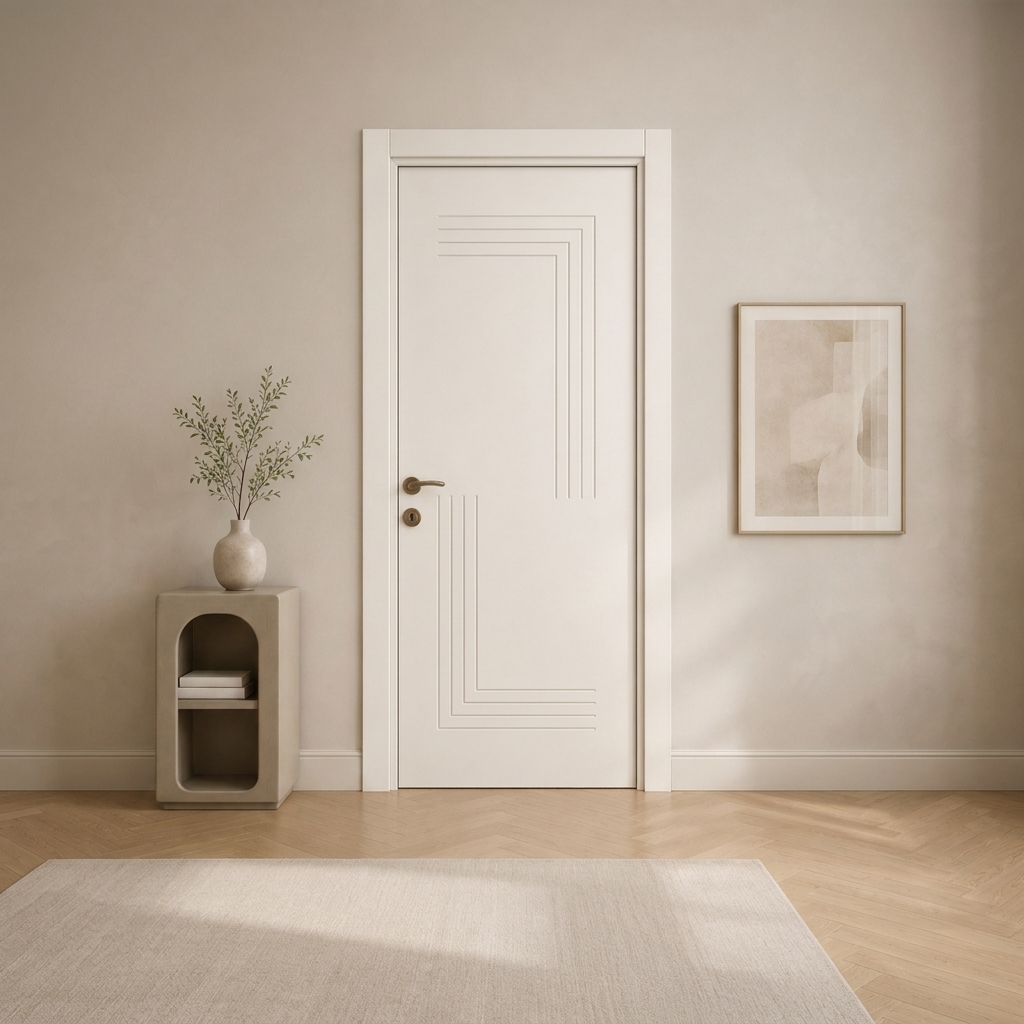 Karşılıklı köşe fugalı kırık beyaz lake kapı Lake 322 Kastdoor modeli